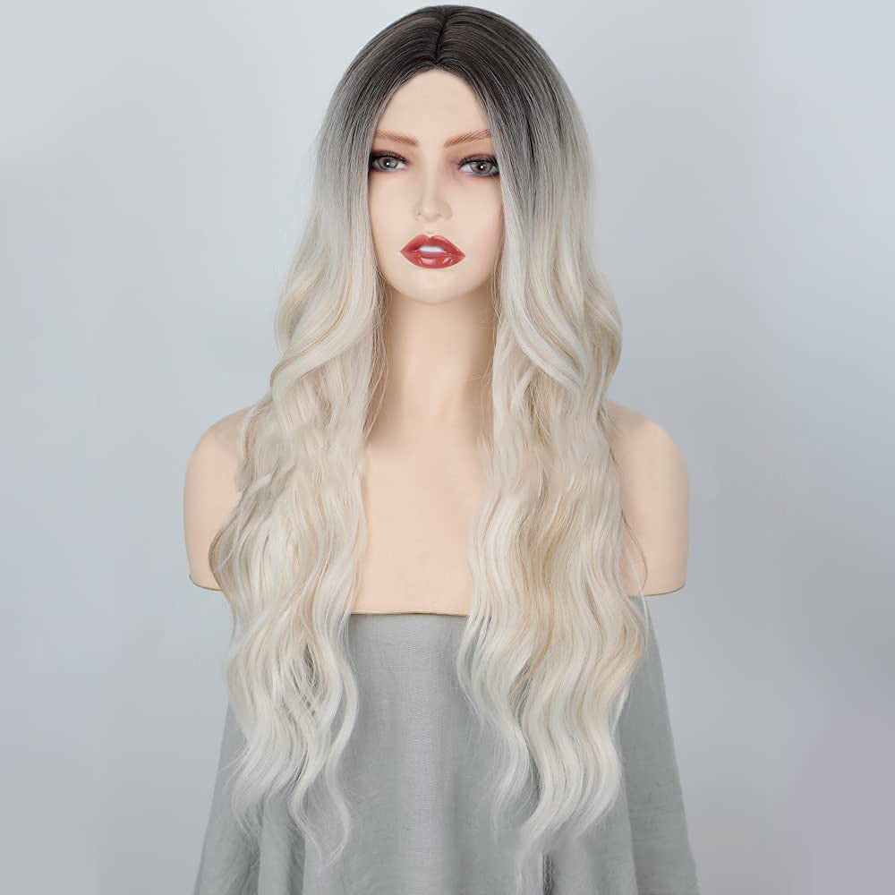 Gradient White Gold Female Middle Curly Synthetic Wig Long Curls