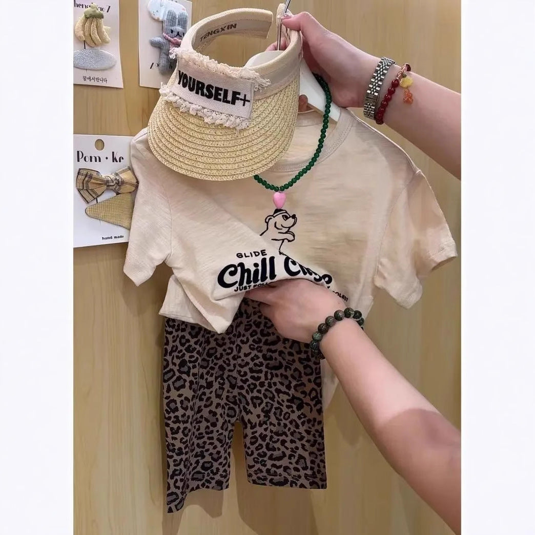 Children's Korean Style Niche Short Sleeved T-shirt Cartoon Sleeve Leopard Print Children's Suit