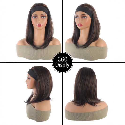 Women's Inner Buckle Black Highlight Brown Headgear Wig Short Straight Hair