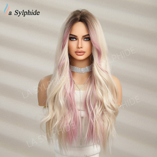 Fiber Chemical Mid-point Simulation Gradient Golden Pick Pink Wig Long Curls