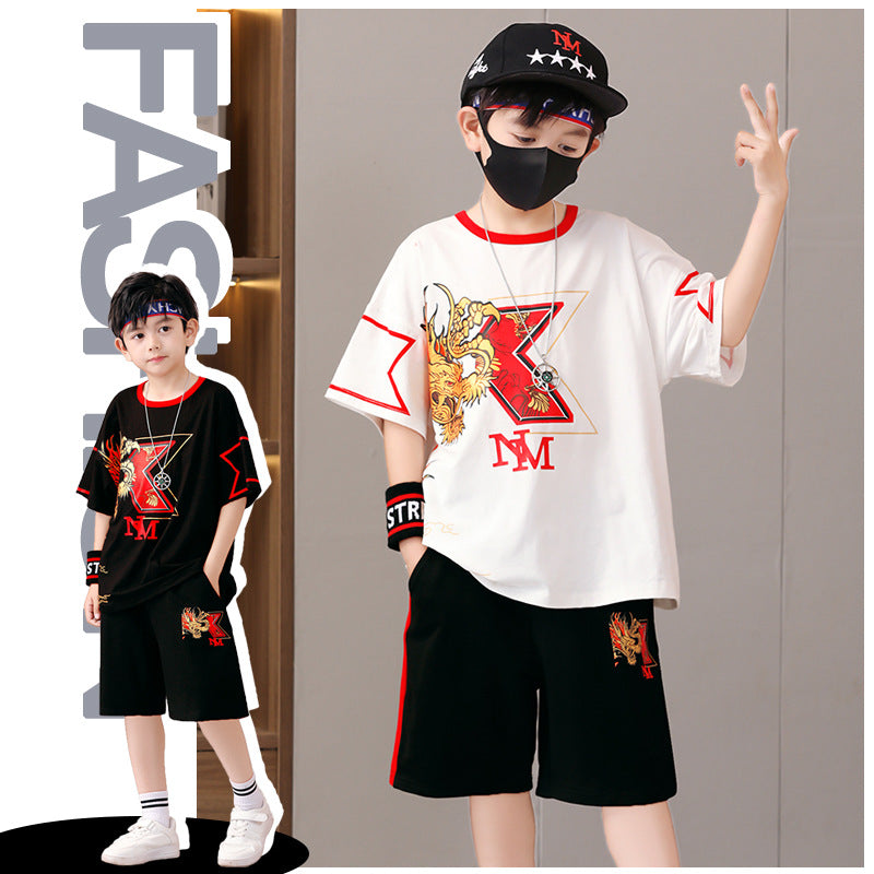 National Fashion Funky Casual Out Sports Korean Style T-shirt Two-piece Children's Suit