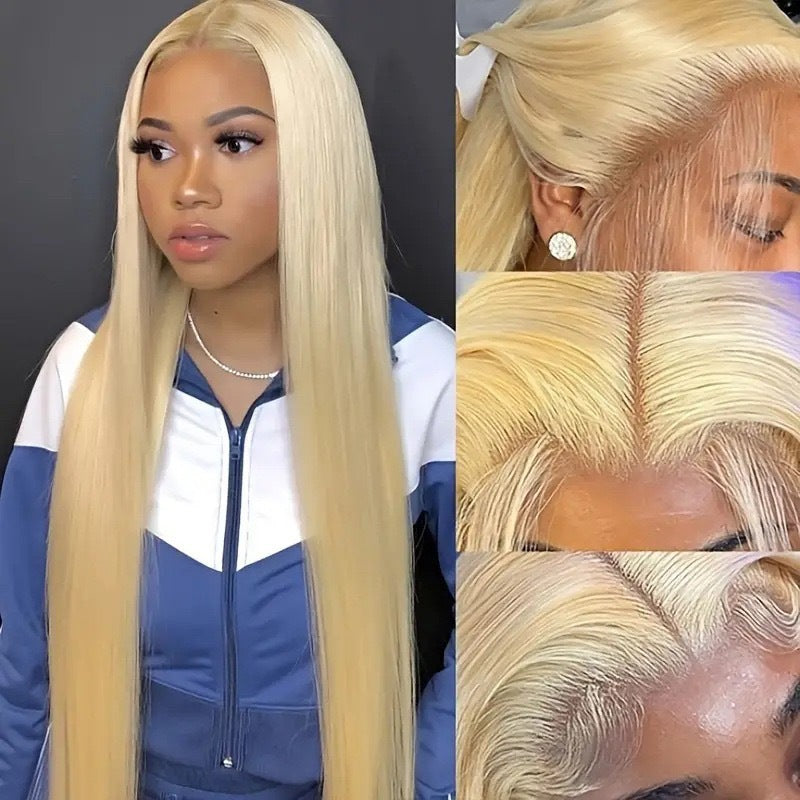 Fashion Light Gold Front Lace Head Long Straight Wig