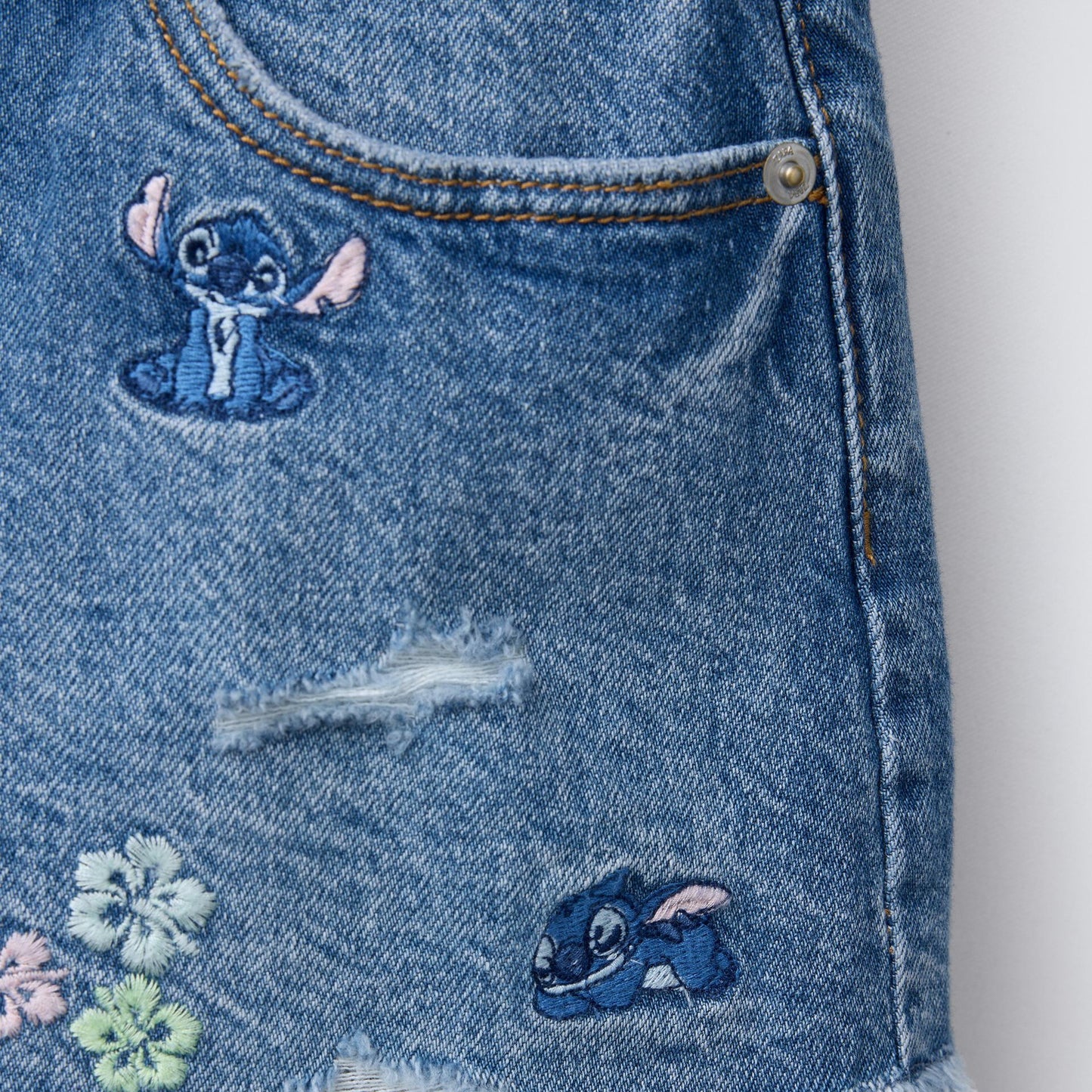 Embroidery Blue With Flowers Denim Shorts Children's Pants