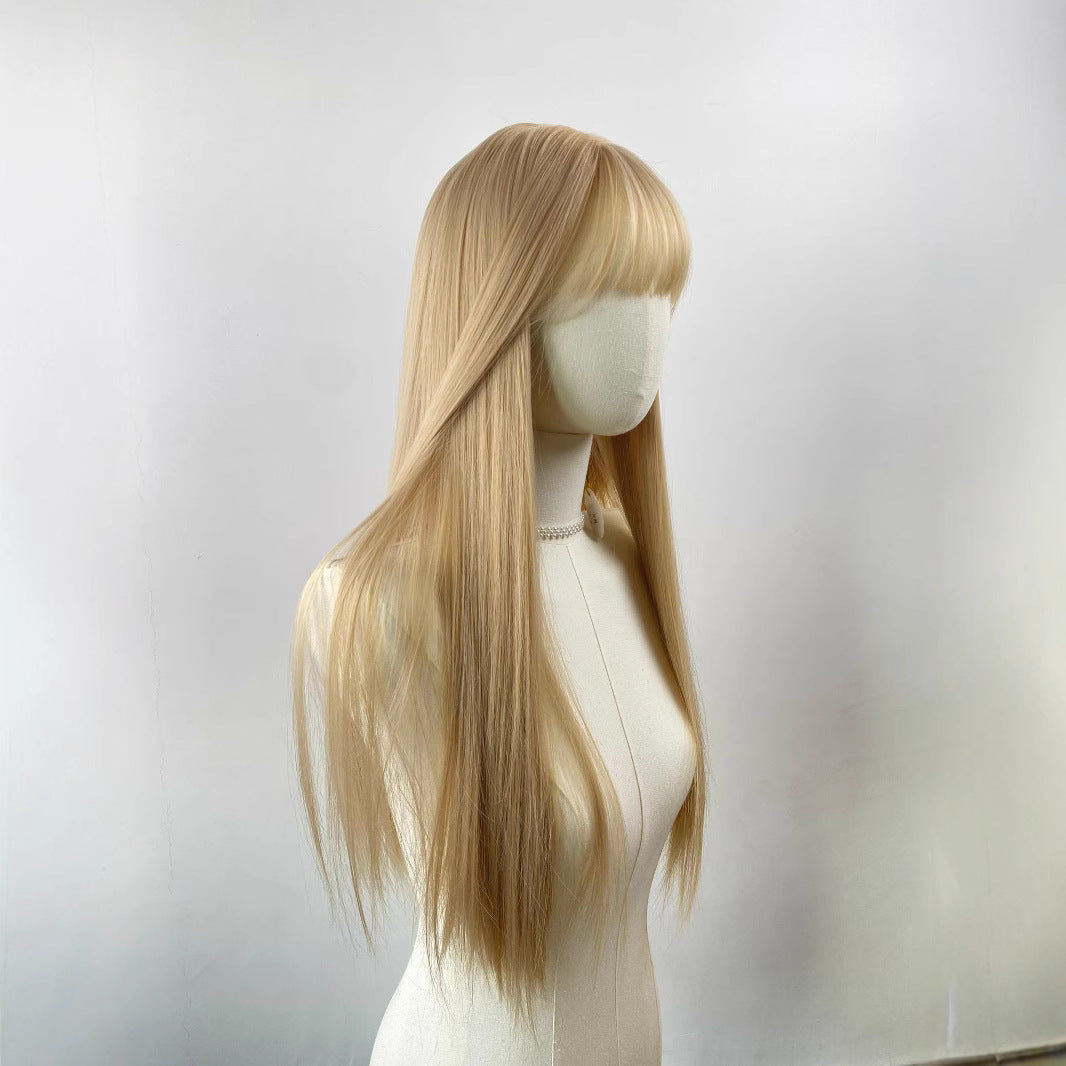 Female Daily Hair Golden Head Cover Air Bangs Mannequin Dummy Long Straight Wig