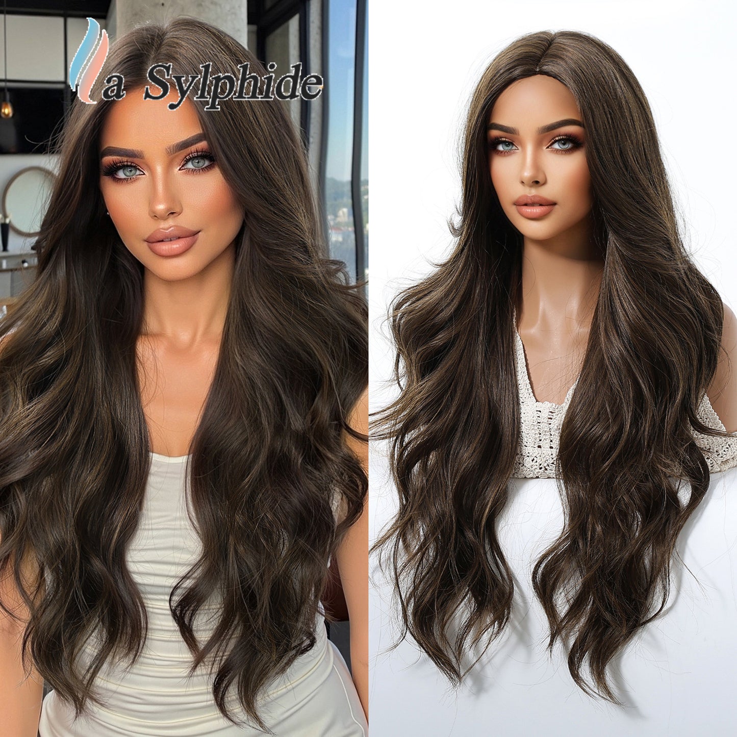 Artificial Human Hair Natural Full-top Curly Lazy Water Ripple Mid-point Wig Long Curls