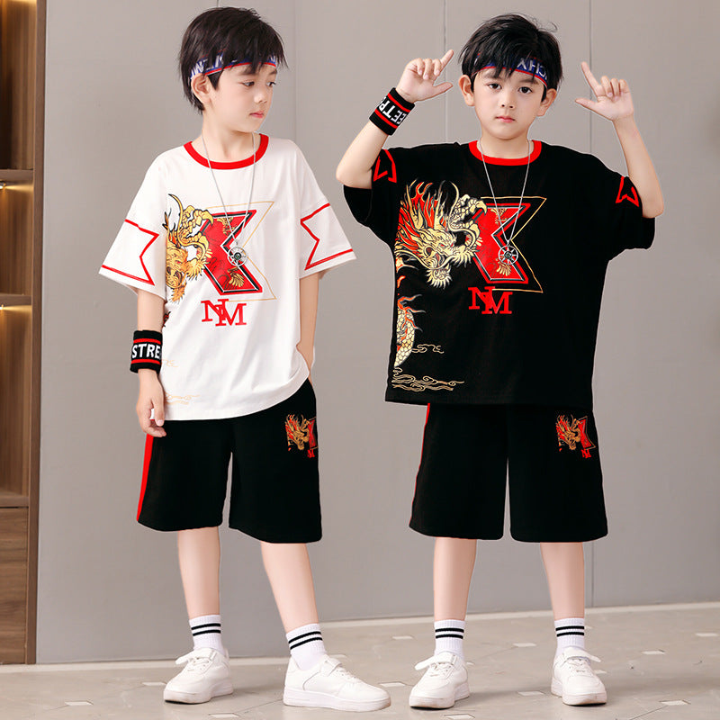 National Fashion Funky Casual Out Sports Korean Style T-shirt Two-piece Children's Suit