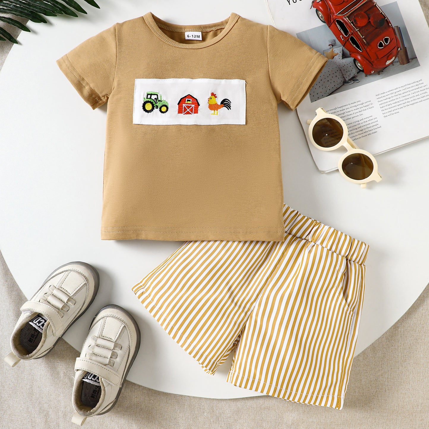 Boy Casual Cartoon Car Animal Embroidery Short-sleeved T-shirt Striped Children's Suit