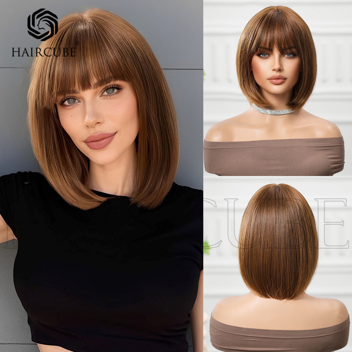 Stylish Graceful Bangs Brown Wine Red Wig Short Straight Hair