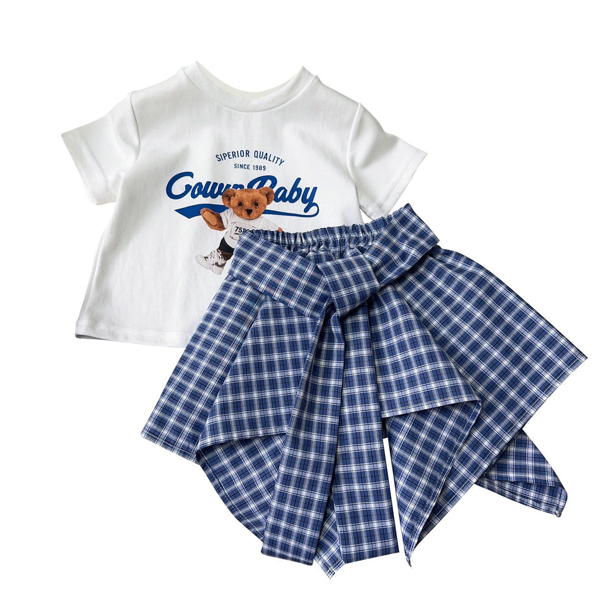 Summer Korean Short-sleeved T-shirt Irregular Plaid Children's Suit