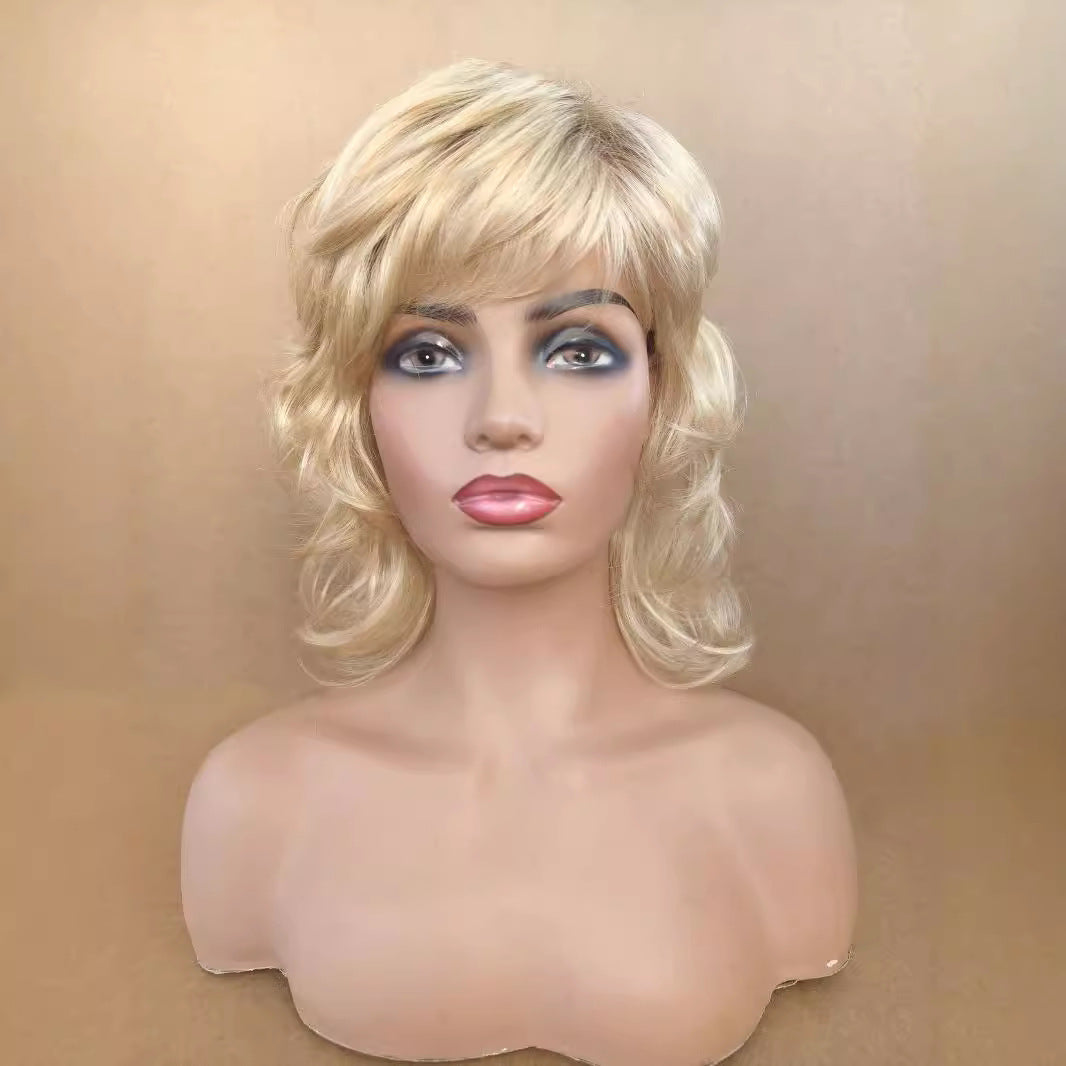 Women's & Men's Golden Curly Hair Fluffy Partial Side Bangs Wig Long Curls