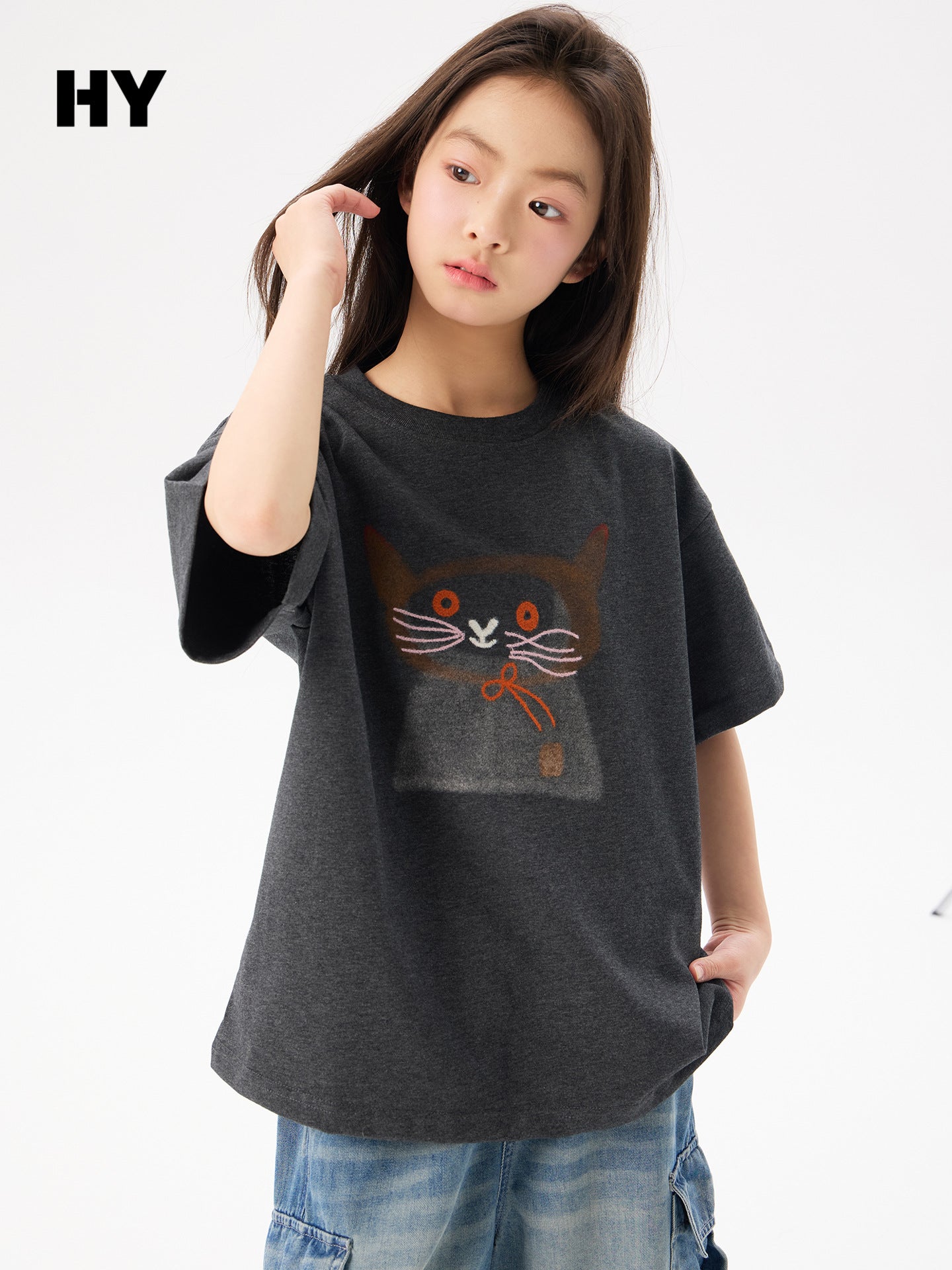 Children's Short-sleeved Summer Clothing Middle Big Cotton Coat Cartoon Kitten Half-sleeved Children's T-shirt