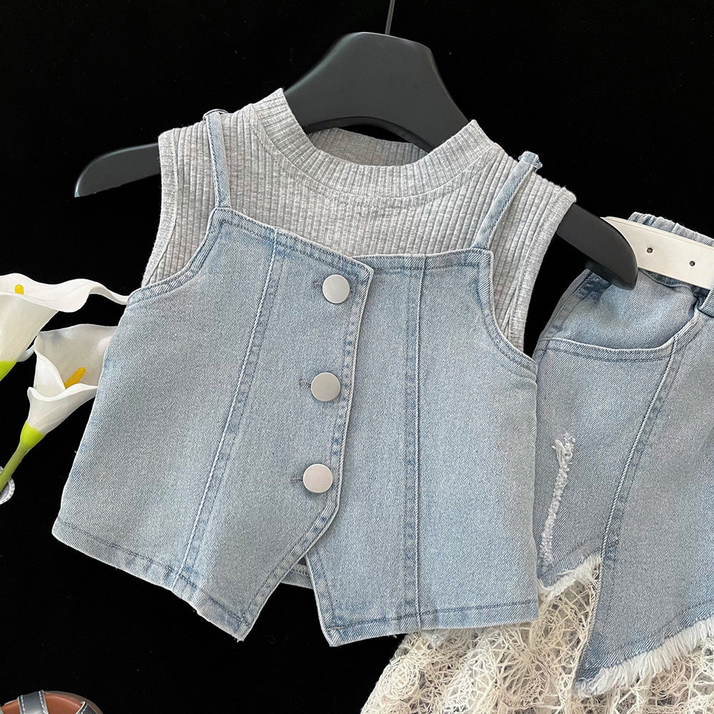 Denim Skirt Summer Fashionable Lace Stitching Camisole Three-piece Children's Suit