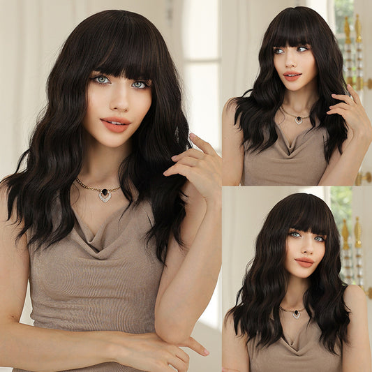 Small Straight Bangs Black Natural Fluffy Water Ripple Chemical Wig Long Curls