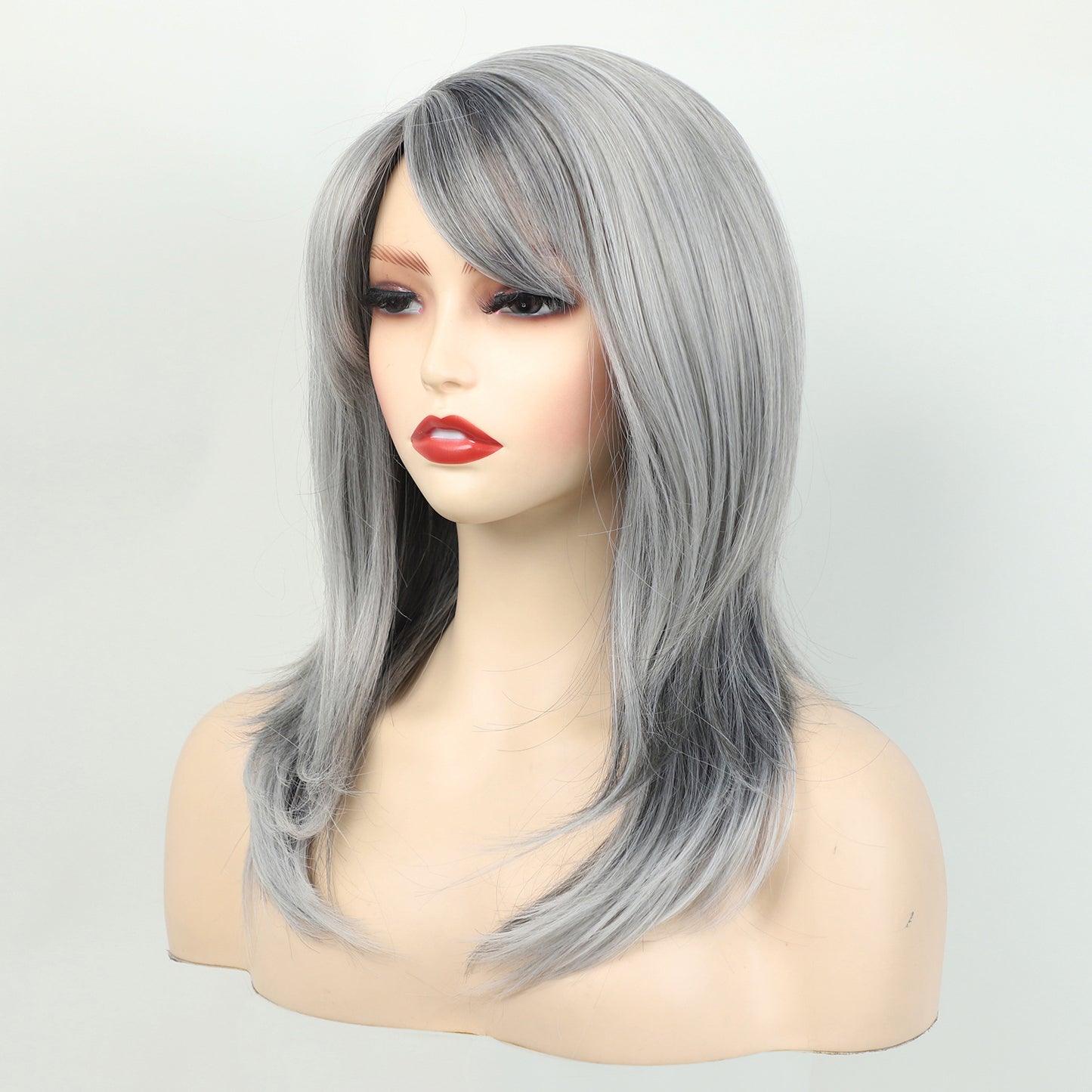 Bangs Gray Curly Hair Mid-length Synthetic Wig Long Curls