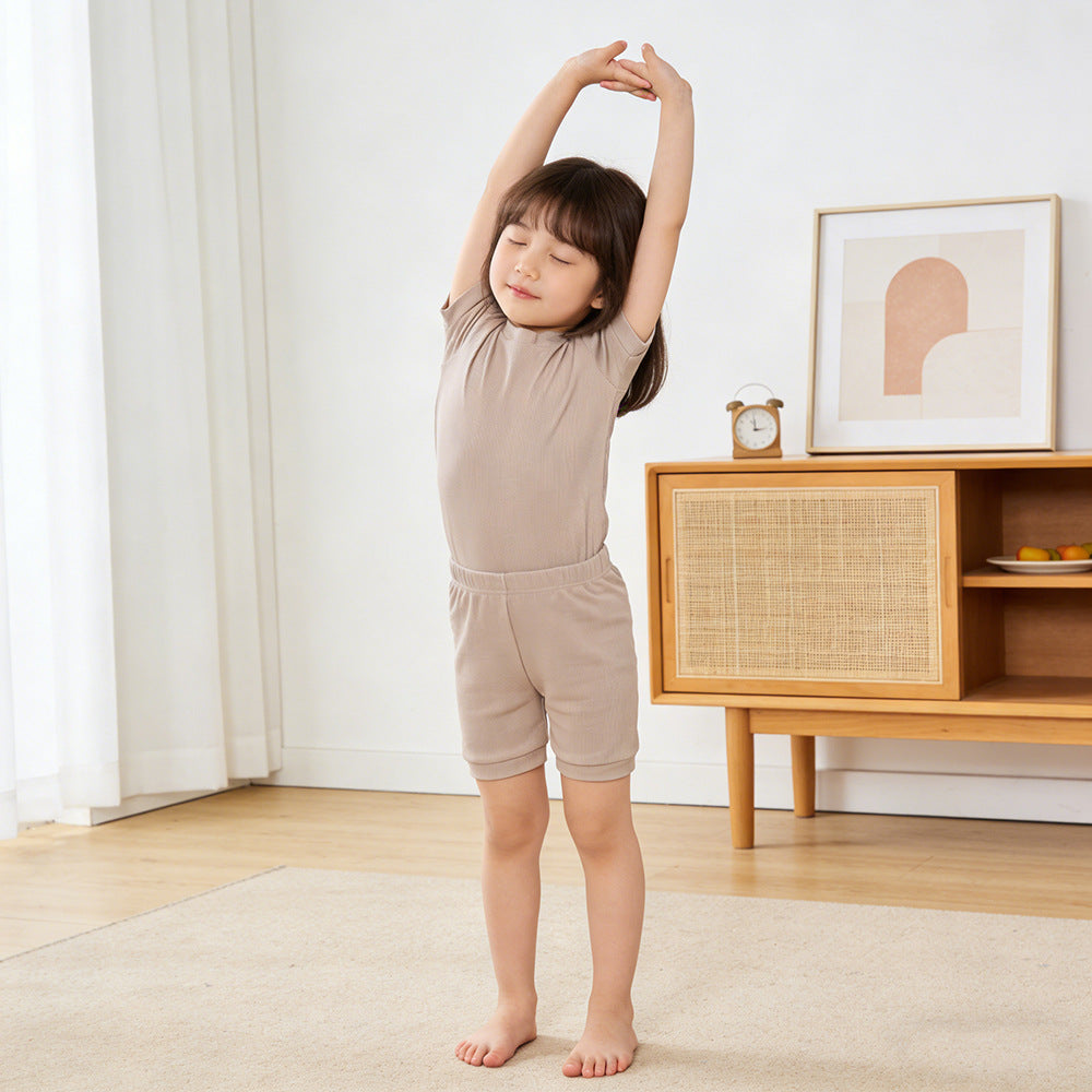 Children's Sunken Stripe Thin Candy Home Wear Short Sleeve Shorts Two-piece Children's Suit