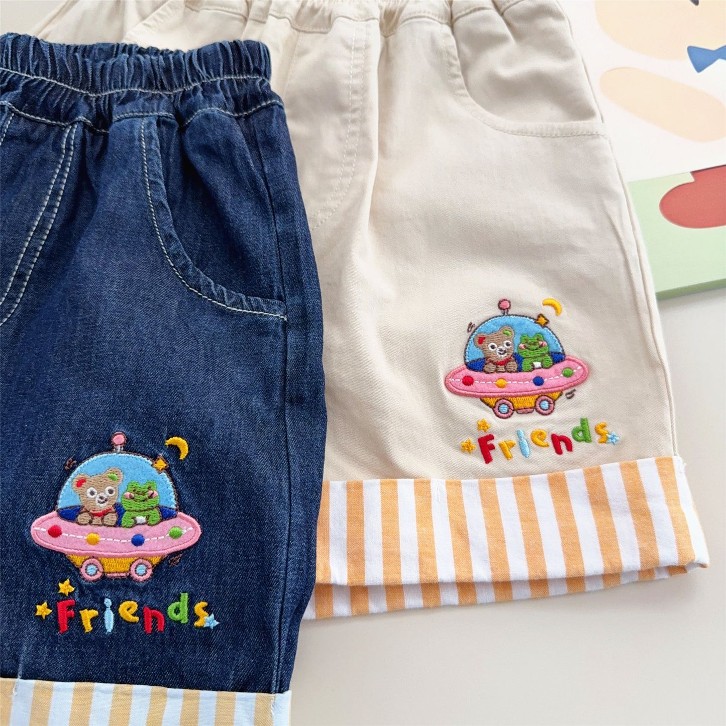 Color Matching Curling Summer Cartoon Patch Vertical Stripe Shorts Children's Pants