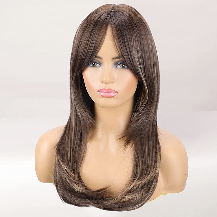 Women's Air Bangs Black Gradient Brown Long Straight Wig