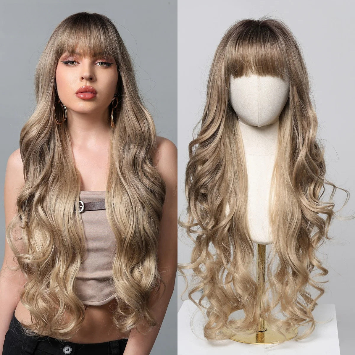 Dark Brown White Gold Color Highlight Wig Long Curls
