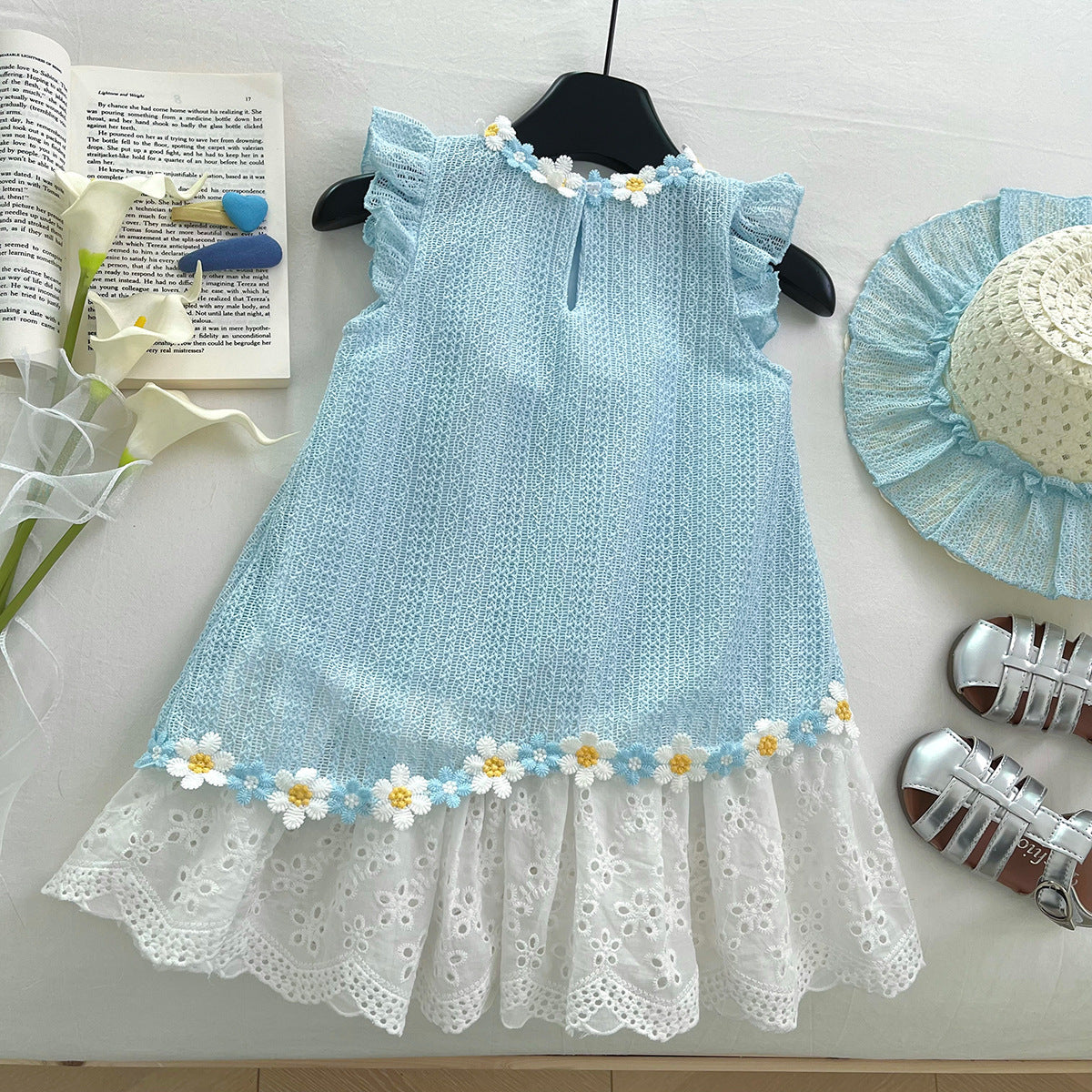 Summer Sleeveless Stitching Mesh Flower Korean Style Western Children's Dress