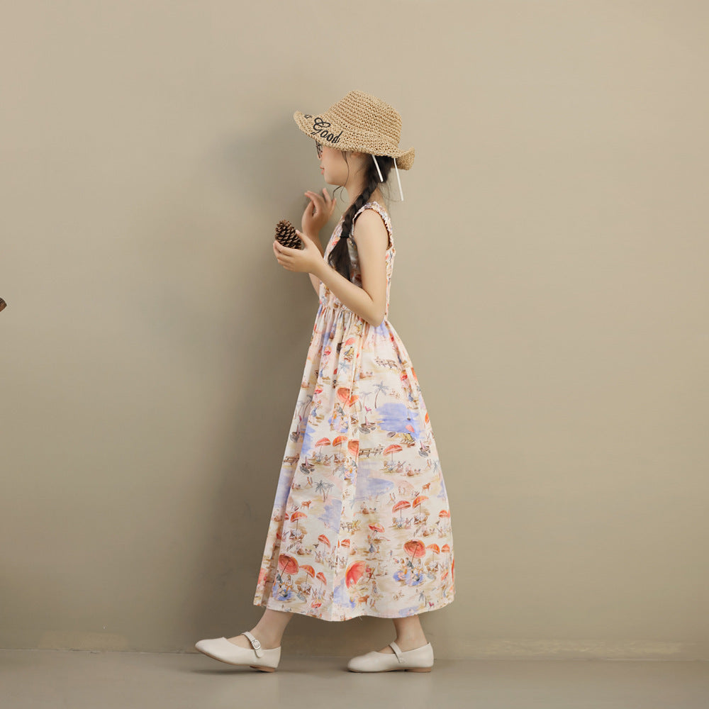 Summer Strap Beach Middle Big Floral Children's Dress