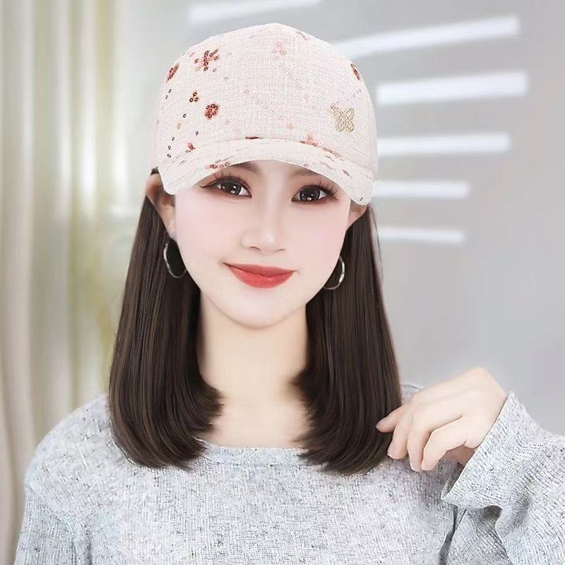 Peaked Cap Hat Integrated Korean Style Inner Buckle Small Wig Short Straight Hair