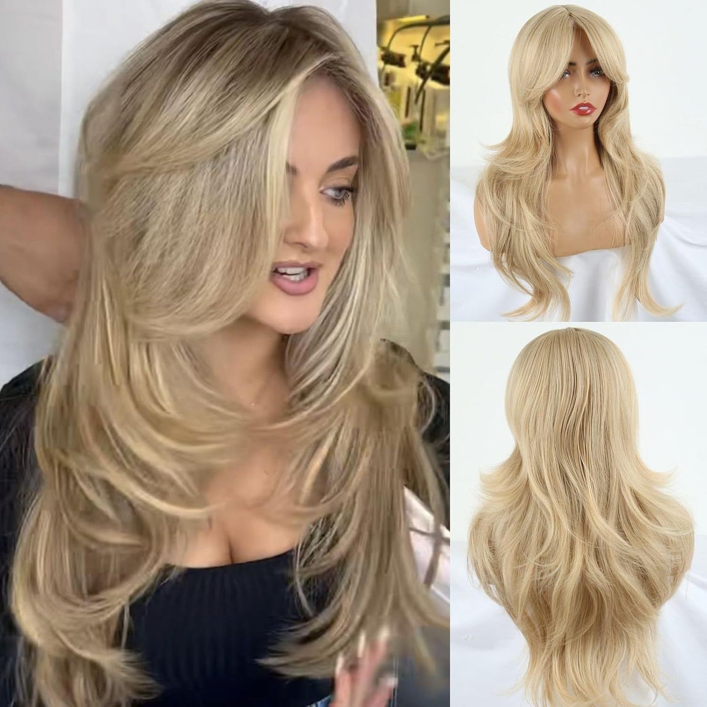 Women's Black Curly Hair Bangs Big Wave Head Wig Long Curls