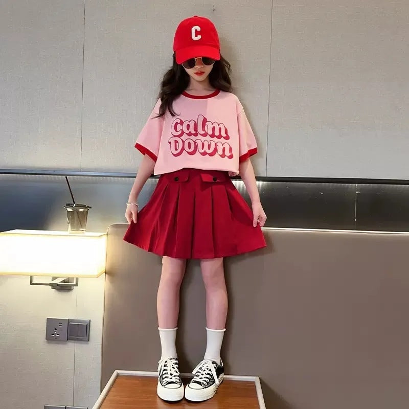 Outfit Skirt Style Teens Short Sleeve T-shirt Pleated Two-piece Children's Suit