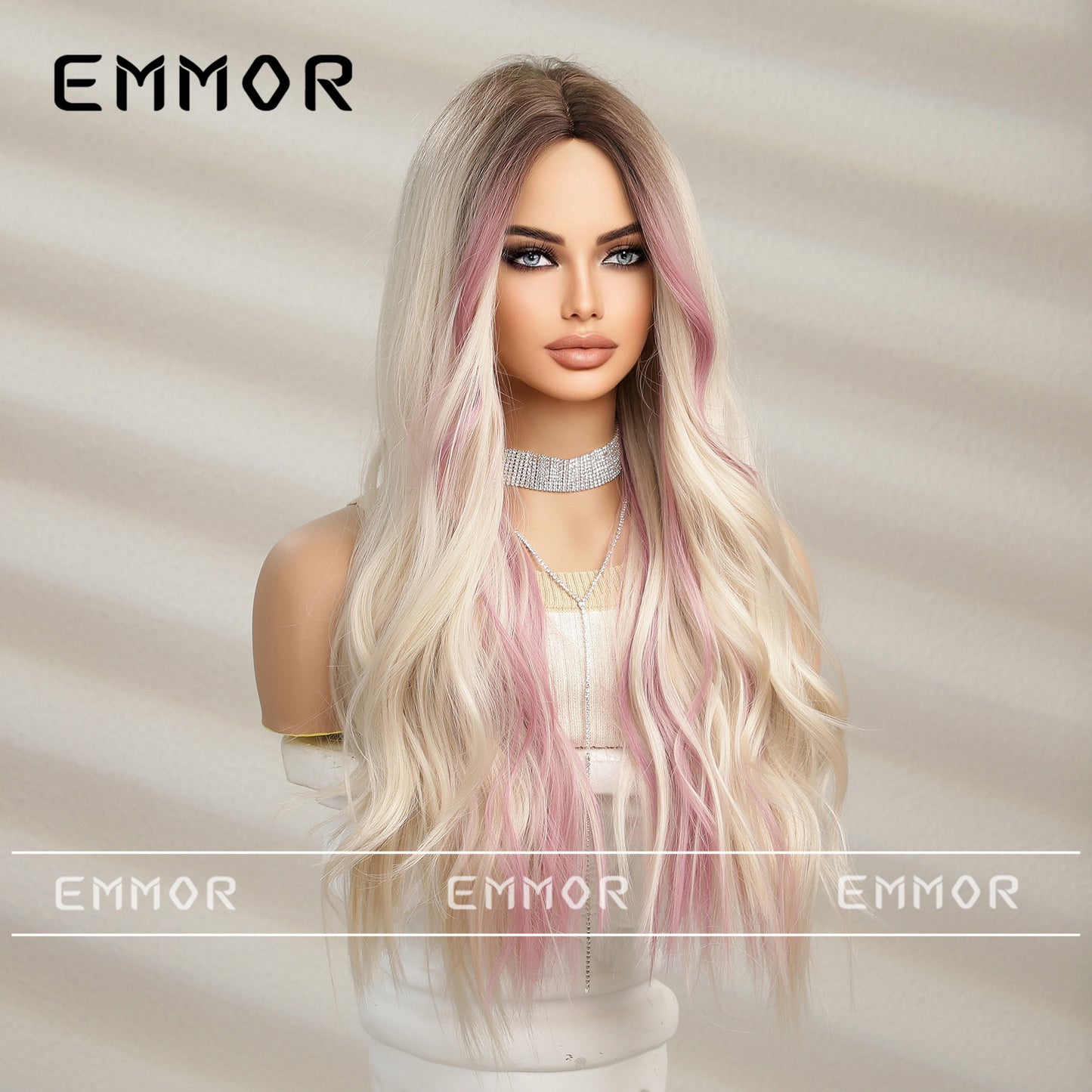 Natural Medium Gradient Gold Highlight Dyed Pink Curly Hair Full Wig Long Curls