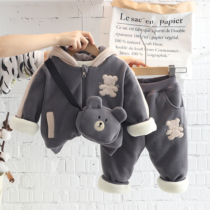 Children's Thickened Set Winter Boys Cartoon Hooded Shirt Two-piece Quilted To Children's Suit