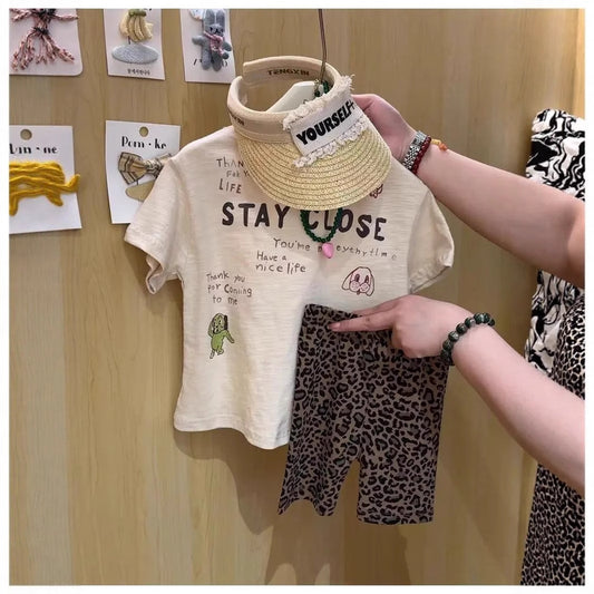 Children's Korean Style Niche Short Sleeved T-shirt Cartoon Sleeve Leopard Print Children's Suit