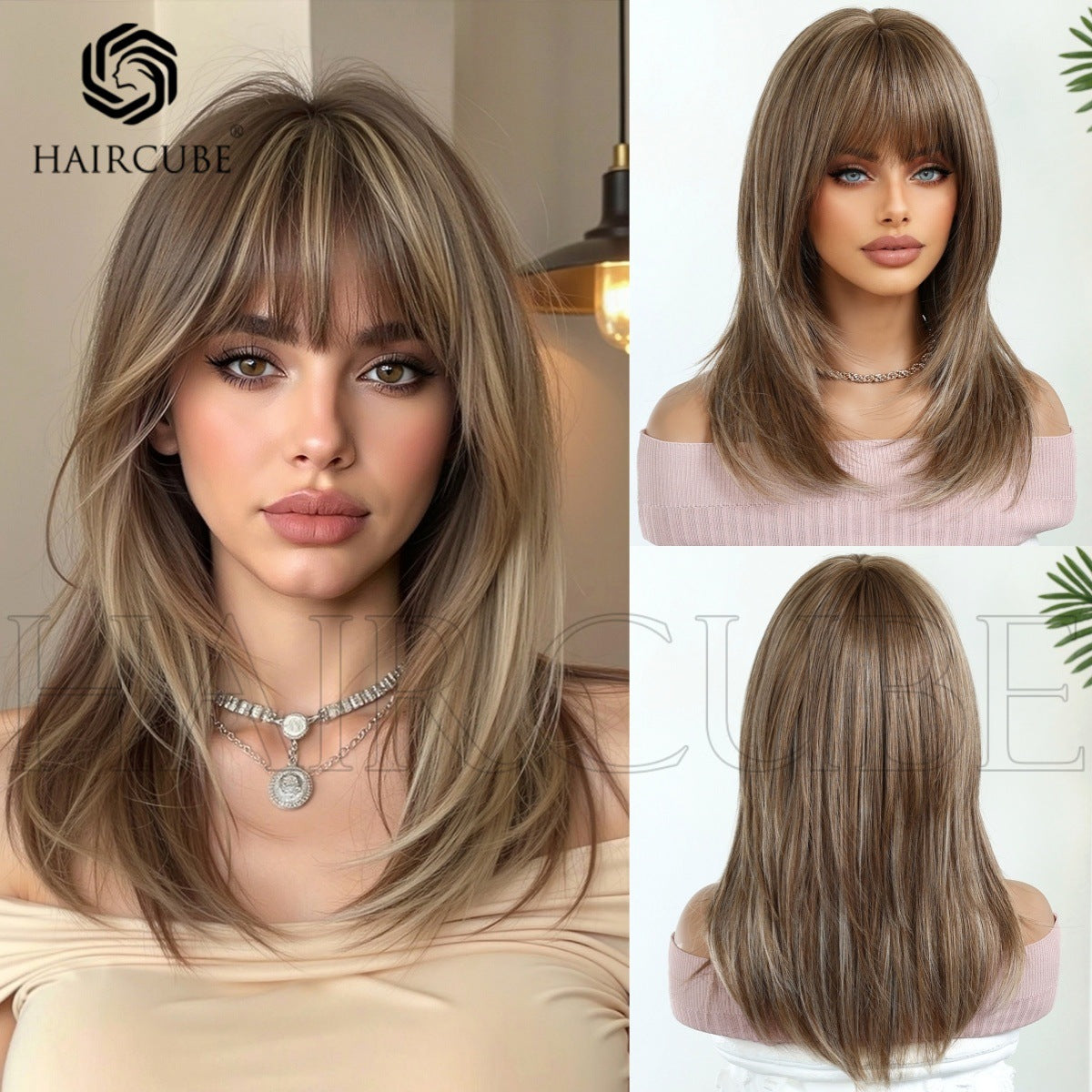 Female Fiber Chemical Hair Bangs Brown Medium Long Straight Wig