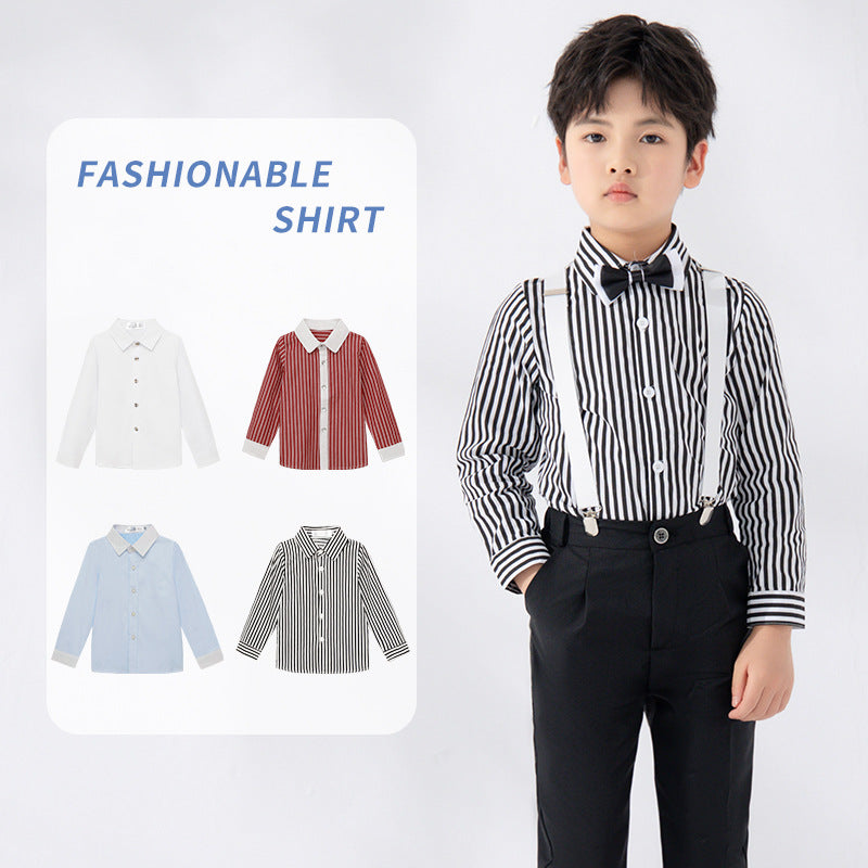 Children's Korean Style Striped Bottoming Thickened Solid Color Long Children's Shirt