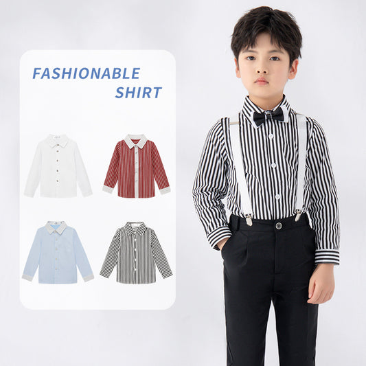 Children's Korean Style Striped Bottoming Thickened Solid Color Long Children's Shirt
