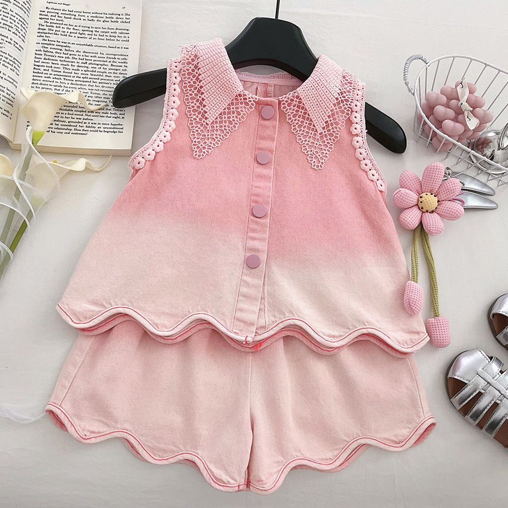 Princess Style Denim Lace Western Sleeveless Shorts Two-piece Children's Suit