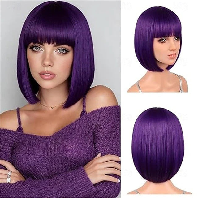 Set With Bangs Synthetic Fiber Heat-resistant Wig Short Straight Hair