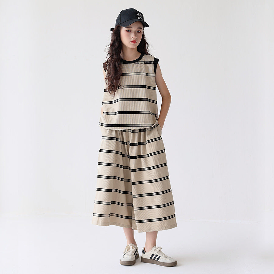 Women's & Children's Trendy Sleeveless Striped Oversized Culottes Older Leisure Children's Suit