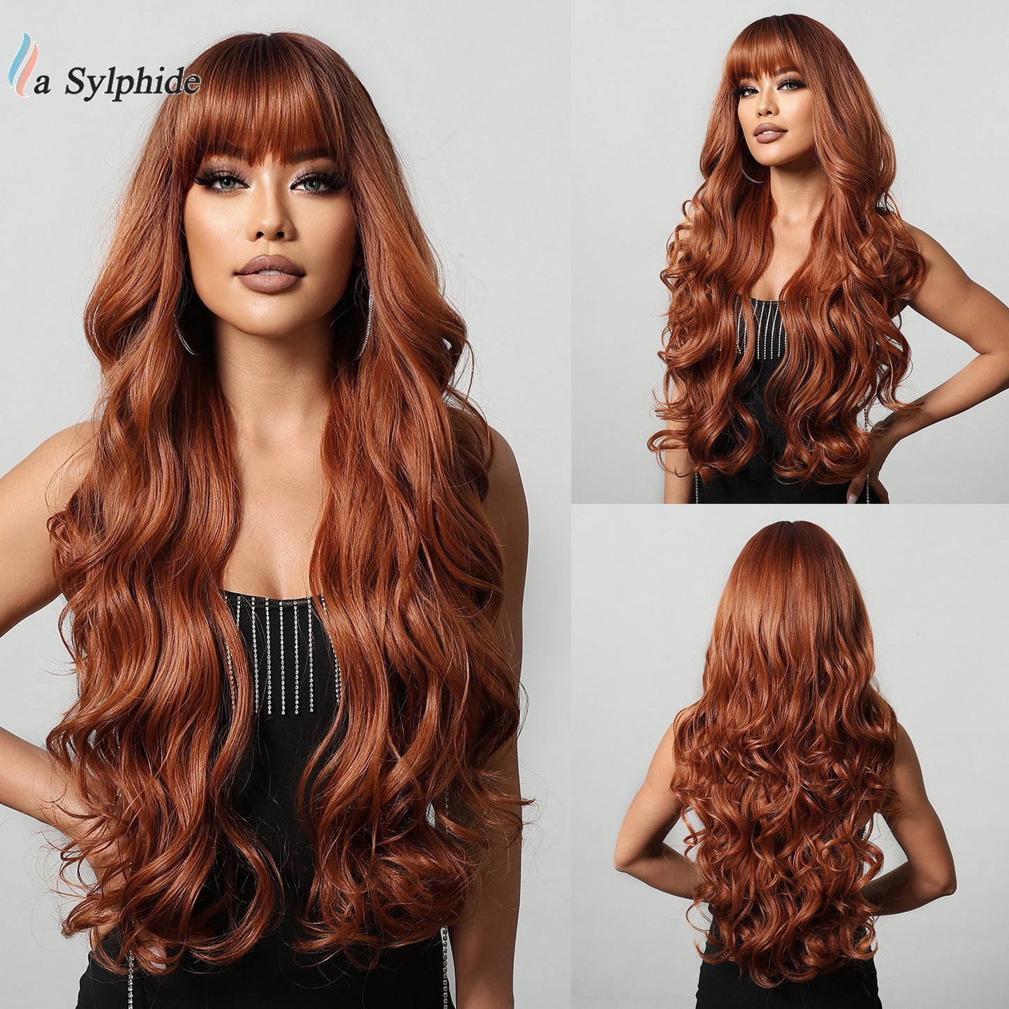 Female Big Wave Roman Curly Bangs Hair White Gold Color Wig Long Curls