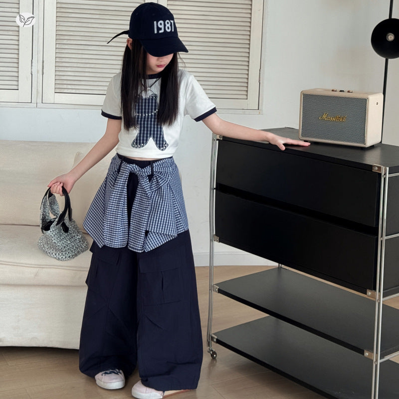 Children's Summer Plaid Bear T-shirt Fart Curtain Overalls Two-piece Children's Pants