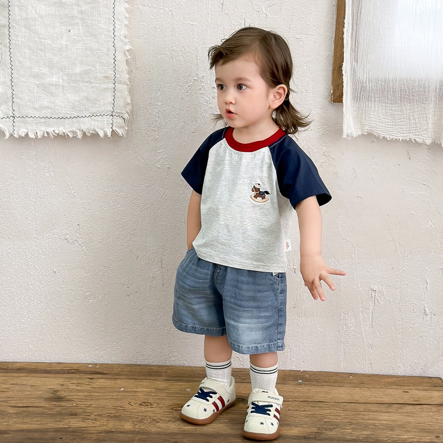 Versatile Top Korean Raglan Sleeve T-shirt Denim Shorts Two-piece Children's Suit