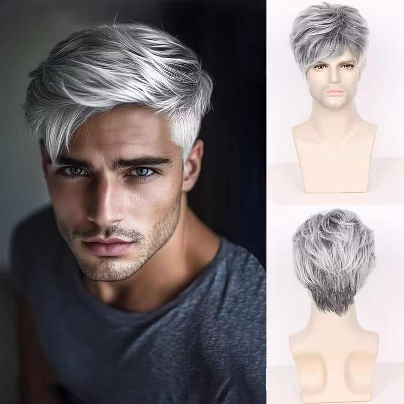 Men's White Split Short Straight Hair Synthetic Men's Wig