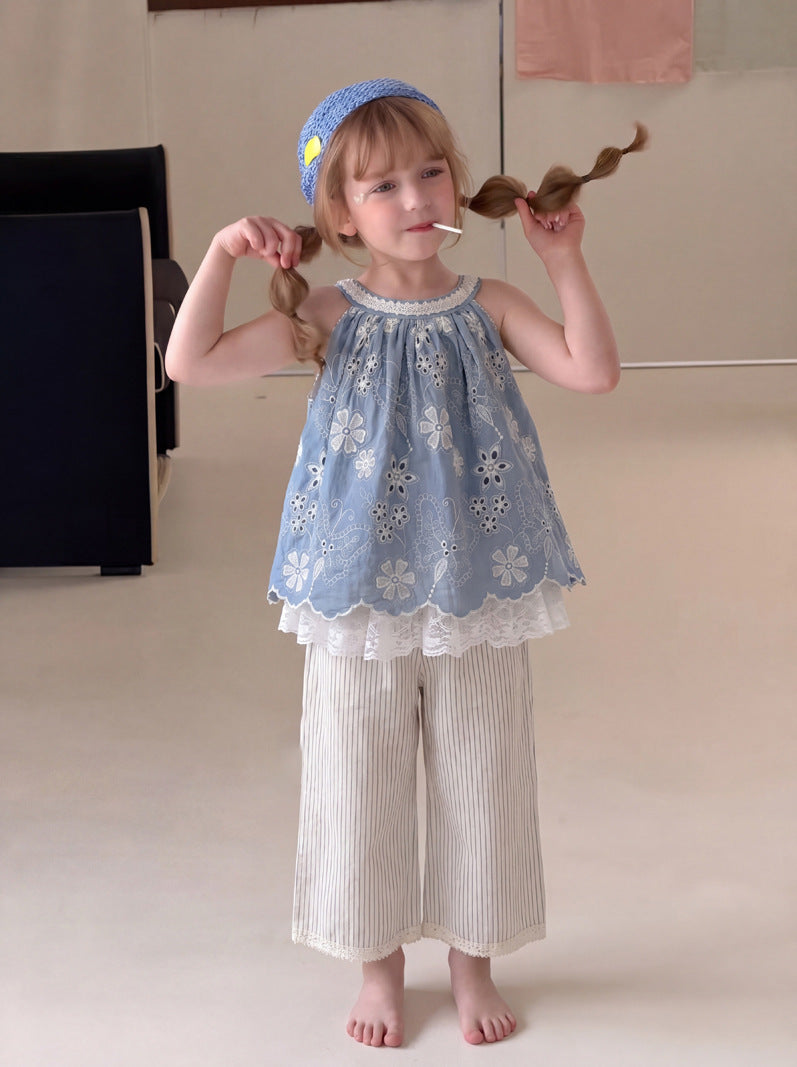 Summer Lace Mesh Stitching Striped Ruffles Children's Pants