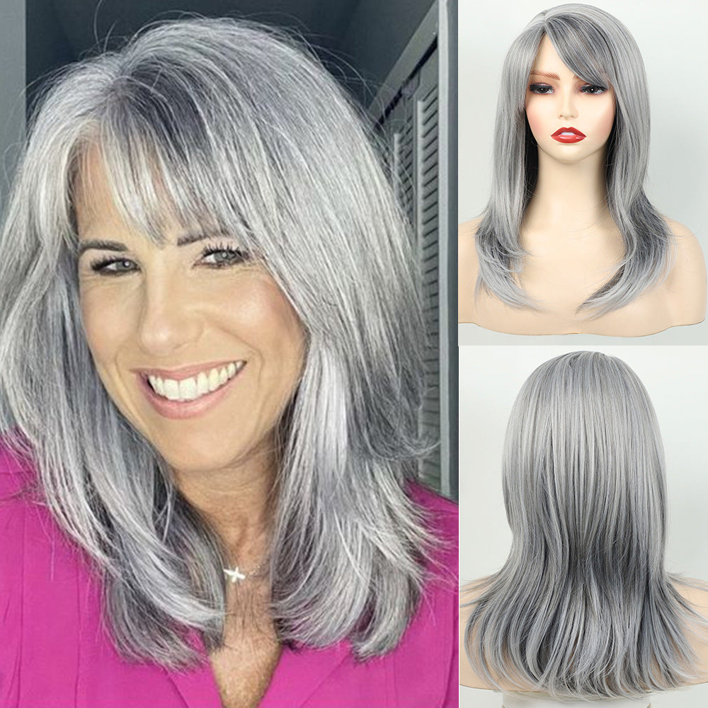 Bangs Gray Curly Hair Mid-length Synthetic Wig Long Curls