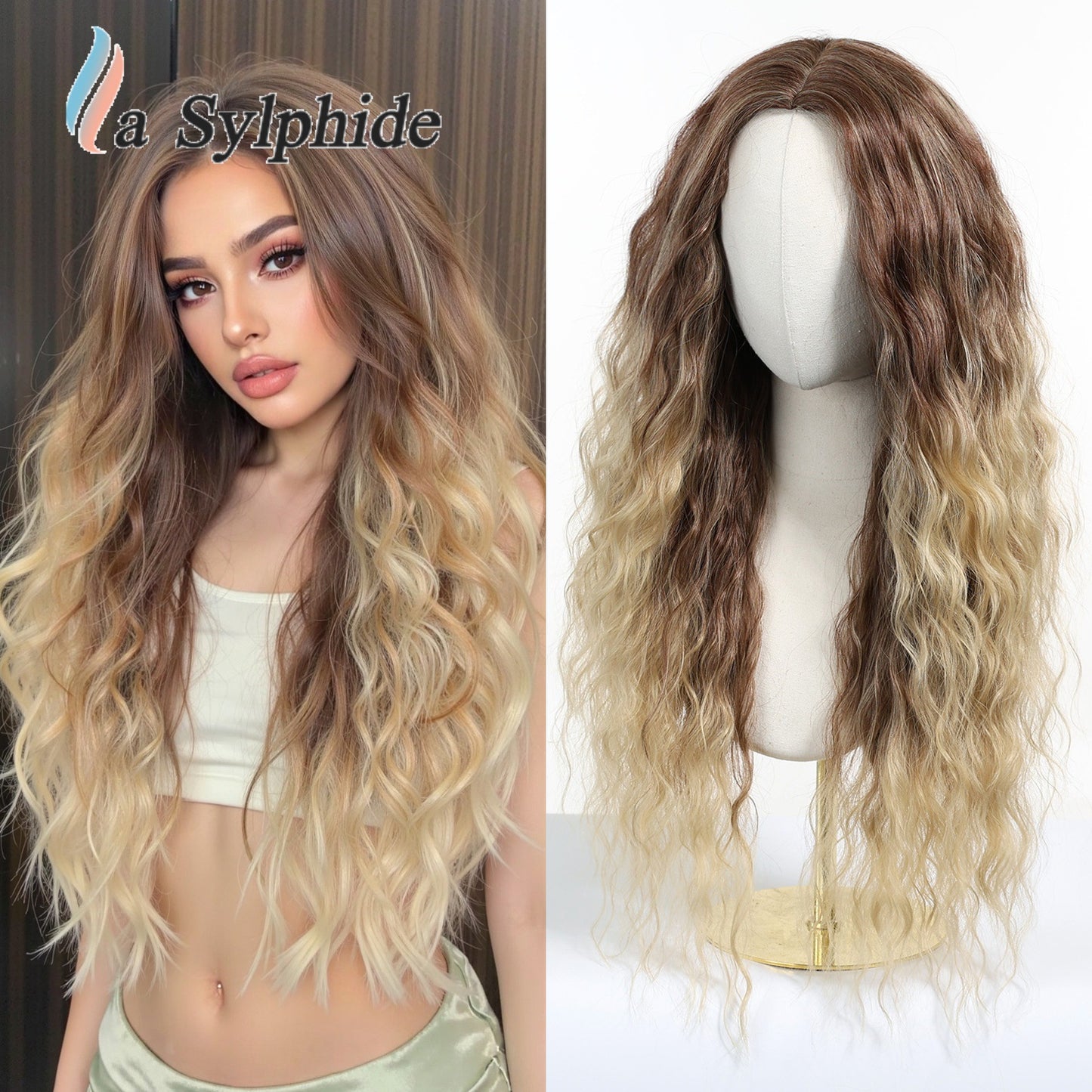 Braid Dark Brown Gradient Medium Curly Hair Fiber Chemical Wig Long Curls
