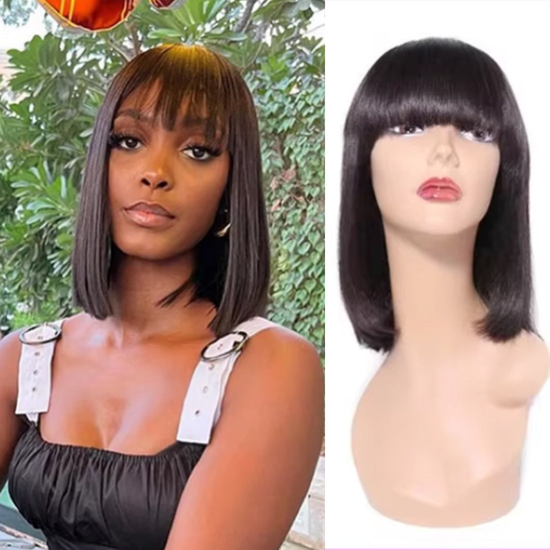 Real Human Mechanism Wave Head Cover Wig Short Straight Hair