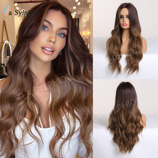 Medium Curly Brown Gradient Female Synthetic Wig Long Curls