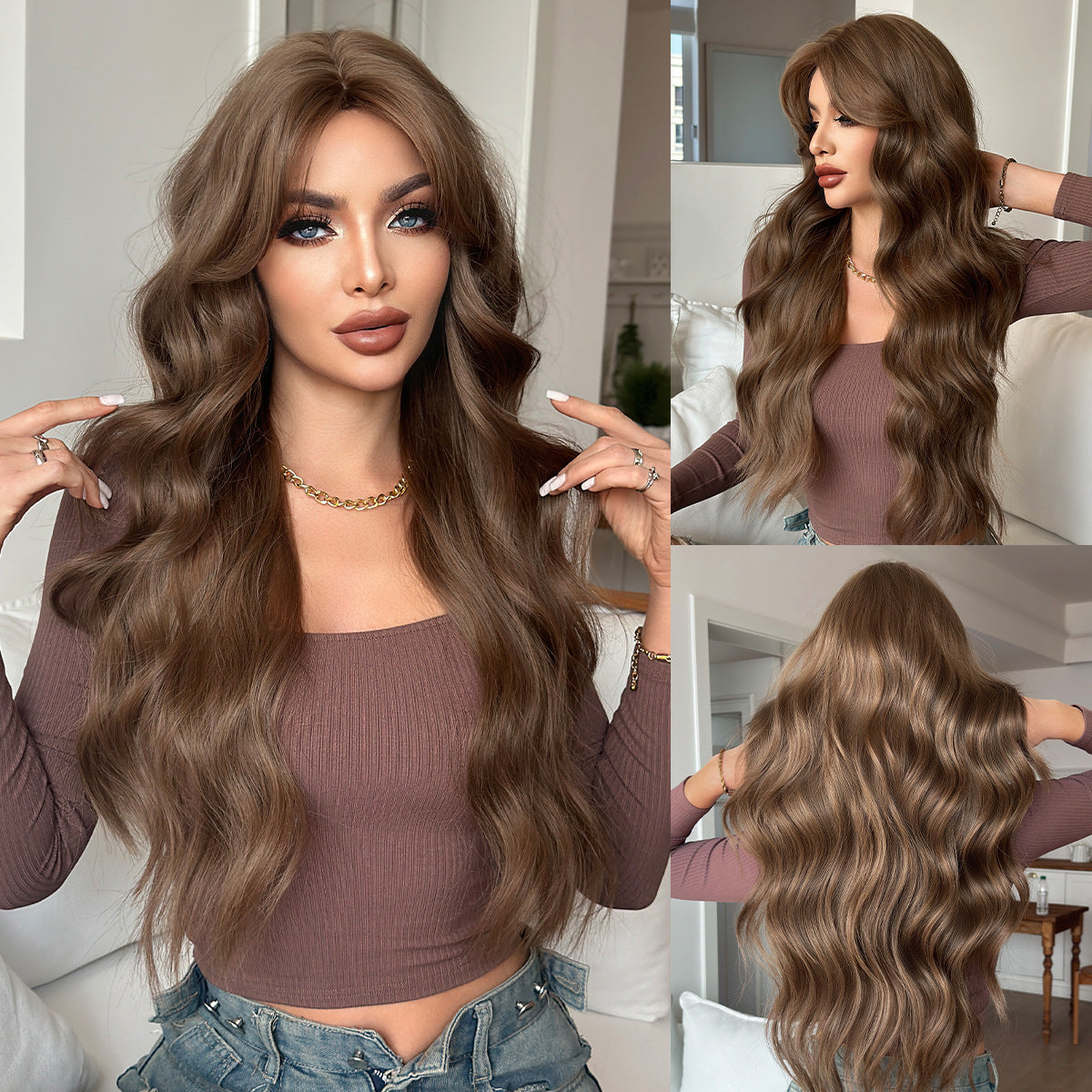 Women's Daily Seamless Square Round Face Hair Wig Long Curls
