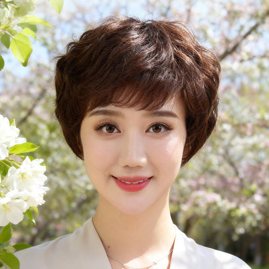Women's Mother Style Real Full Human Natural Wig Short Curly Hair