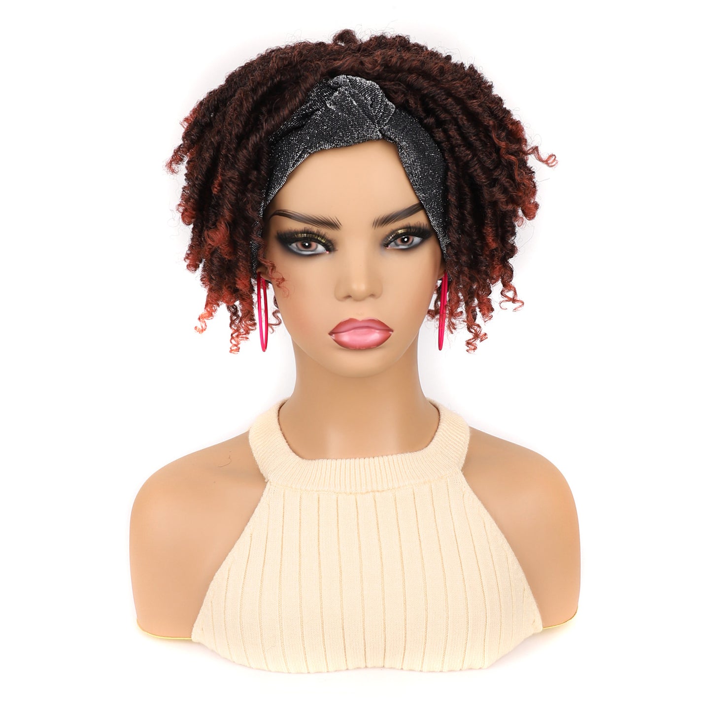 Turban Head Cover Black Sier Sleeve Curved Wig Short Curly Hair