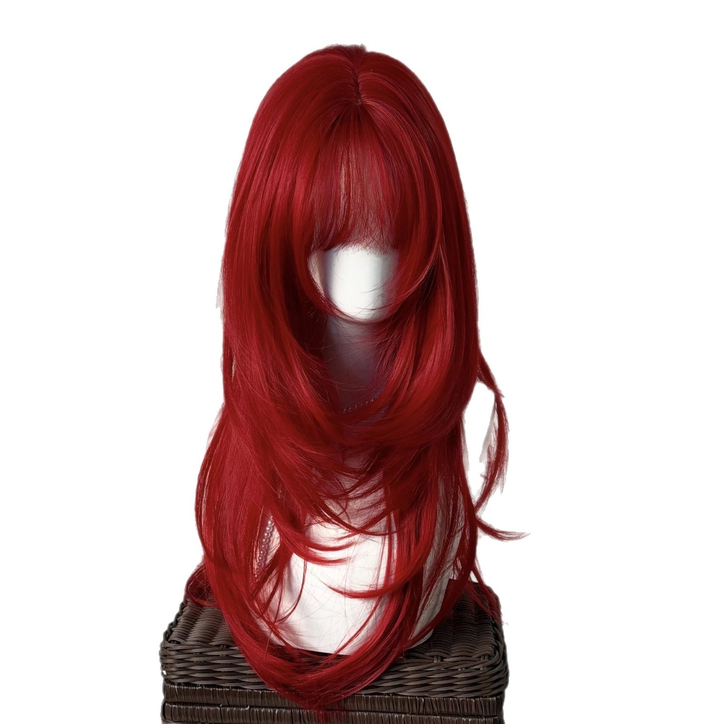 Women's King Red Bangs Hair Layered White Artificial Scalp Full Long Straight Wig
