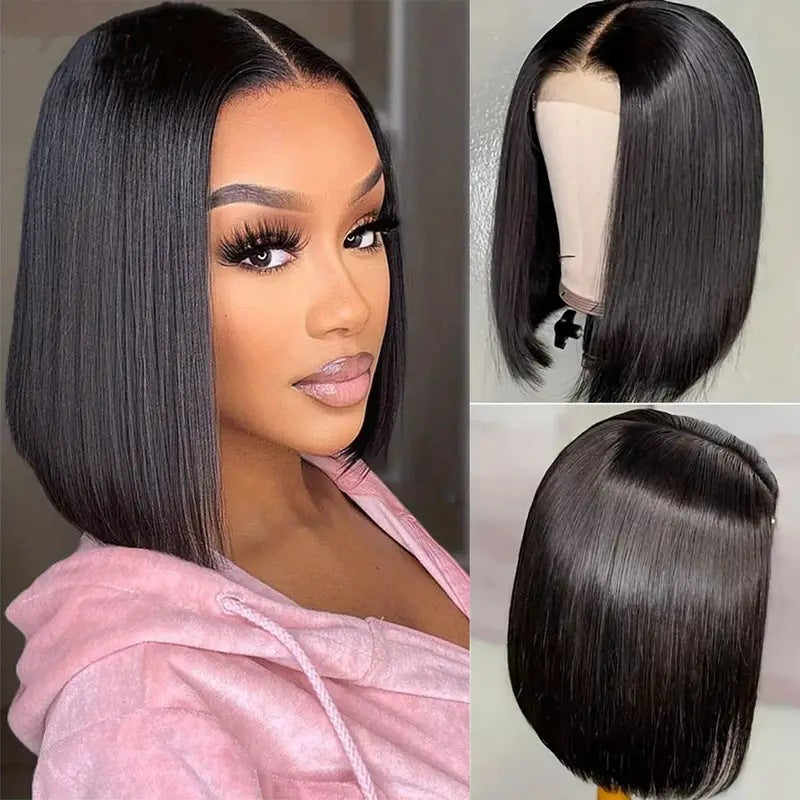 Front Lace Female Medium Fluffy Natural Wig Short Straight Hair
